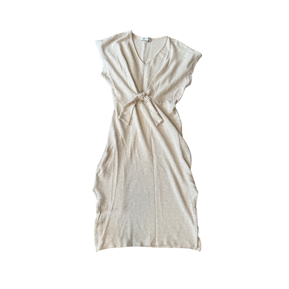 Amour Vert Midi Dress Womens Size S Cream & Gray Waffle Knit Tie Waist Slit